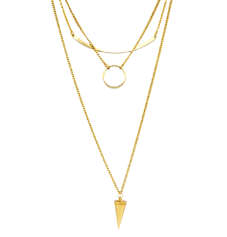Tri-Layered Loop Spike & Curve Bar Necklace In Gold