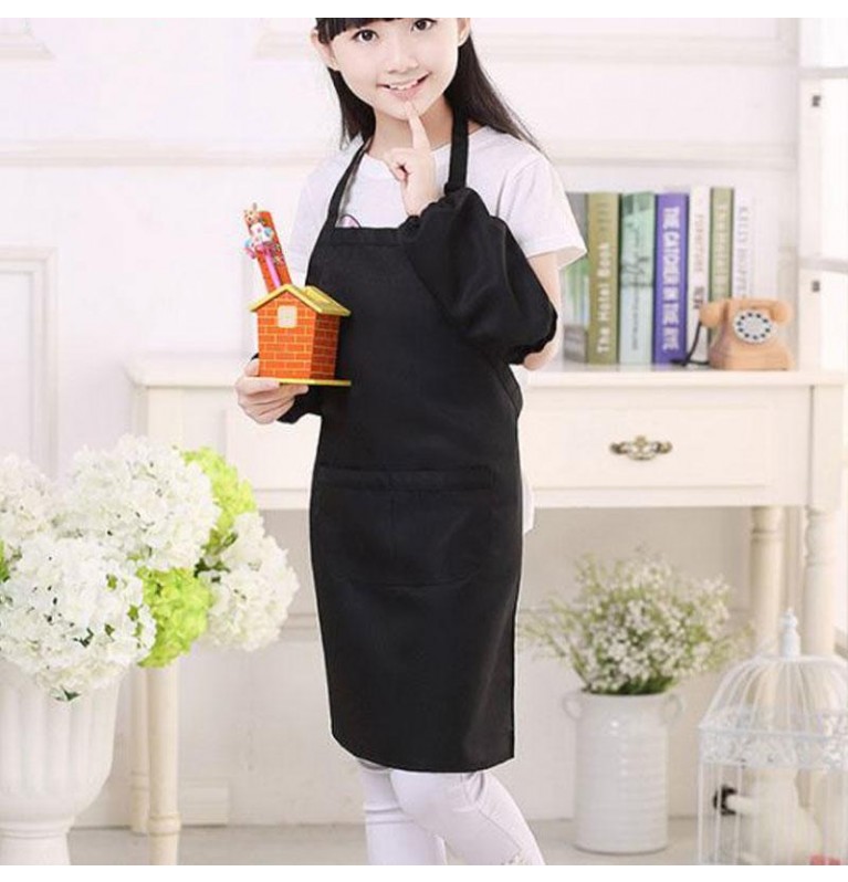 Simply Plain Colored Apron for Home or School - Kid's Size Black [Logo Printing Available]