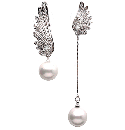 Asymmetrical Angel Wing Pearl Earring in Silver