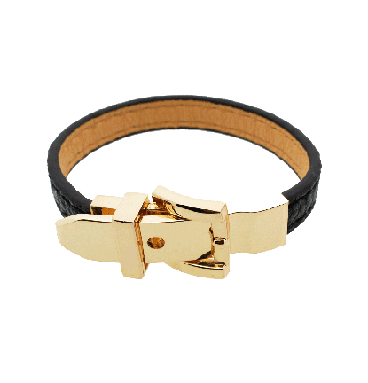 Gold Belt Buckle Leather Wristband in Black