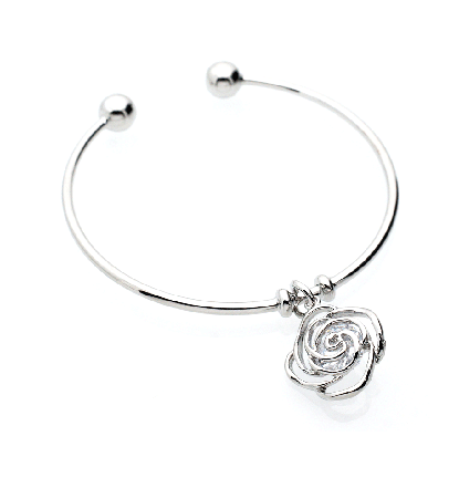 Rose Charm Open Bangle in Silver